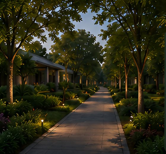 Landscaped evening walkway at Whispering Woods